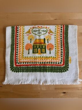 Vtg 70s Cannon Kitchen Hand Towel Hearth Home Love Fringe Terry Cloth Orange MCM